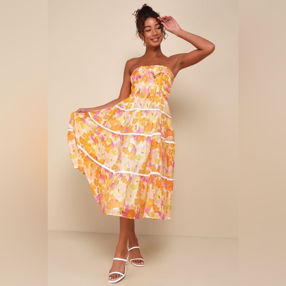 Lulus Sunlight Aura Orange Floral Strapless Tiered Midi Dress